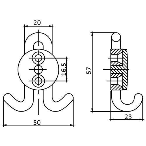 Крючок мебельный Trodos DMZ-30020 2-рожковый, сплав ЦАМ, хром, 5/50