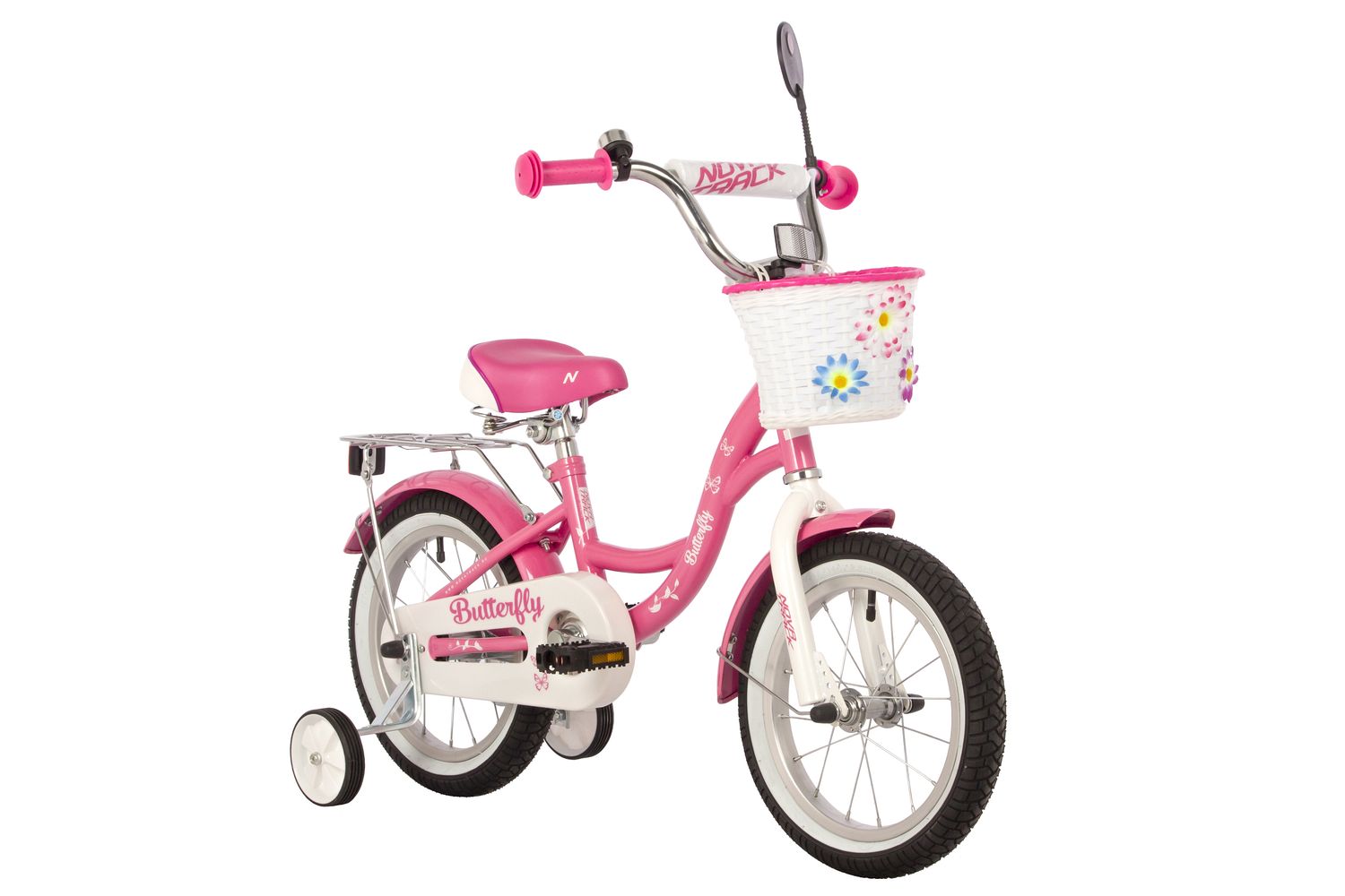 Велосипед NOVATRACK 14" BUTTERFLY розовый, тормоз нож, крылья и багаж хром, корз, полн защ.