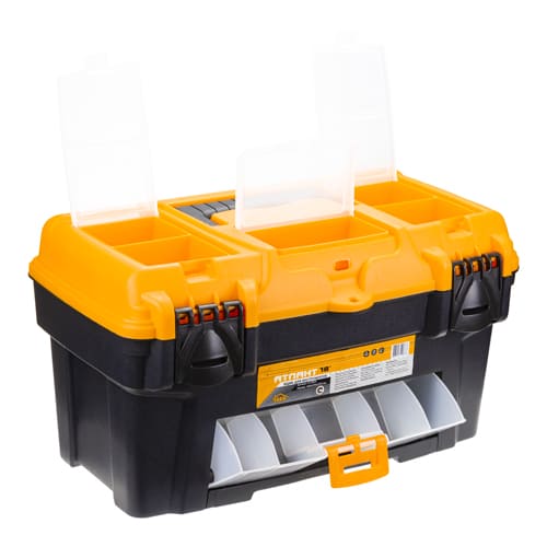 Ящик для инструментов IDEA АТЛАНТ 18 М 2924, с консолью и секциями, черный с желтым