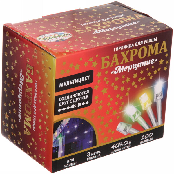 Гирлянда для улицы БАХРОМА "Мерцание" ш3м* в40/60см 100 ламп LED, прозр.провод,1 режим, IP-54, Мультицвет (возможность соединения)