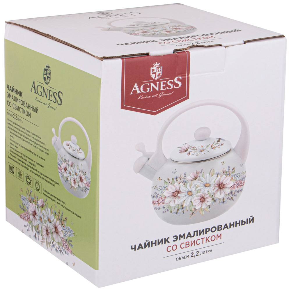 ЧАЙНИК AGNESS ЭМАЛИРОВАННЫЙ СО СВИСТКОМ, СЕРИЯ, ВИВЬЕН, 2, 2Л, ИНДУКЦИОННОЕ ДНО