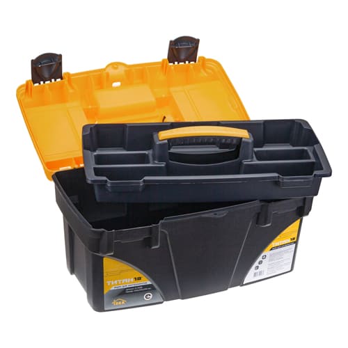 Ящик для инструментов IDEA ТИТАН 18, М 2938, с коробками, черный с желтым