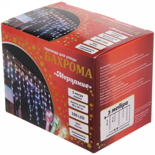Гирлянда для улицы БАХРОМА "Мерцание" ш3м* в40/60см 100 ламп LED, прозр.провод,1 режим, IP-54, Мультицвет (возможность соединения)