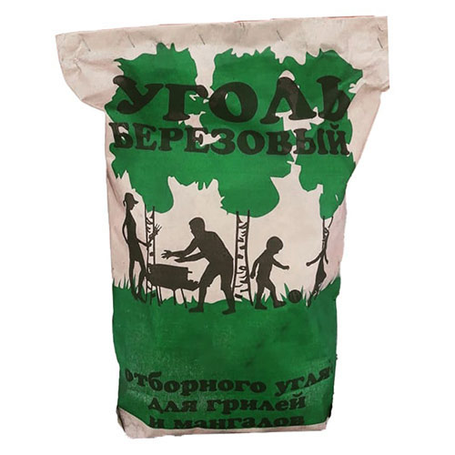 Уголь древесный березовый 15 л, двухслойный не прошитый мешок, поддон100шт, 20/100