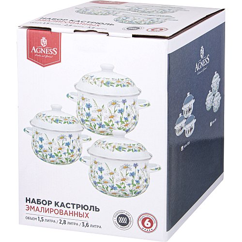 НАБОР КАСТРЮЛЬ AGNESS ЭМАЛИРОВАННЫХ СЕРИЯ, FAMILY FARM,  6ПР. 1, 5/2, 8/3, 6Л, 16Х10/20Х12/22Х13СМ