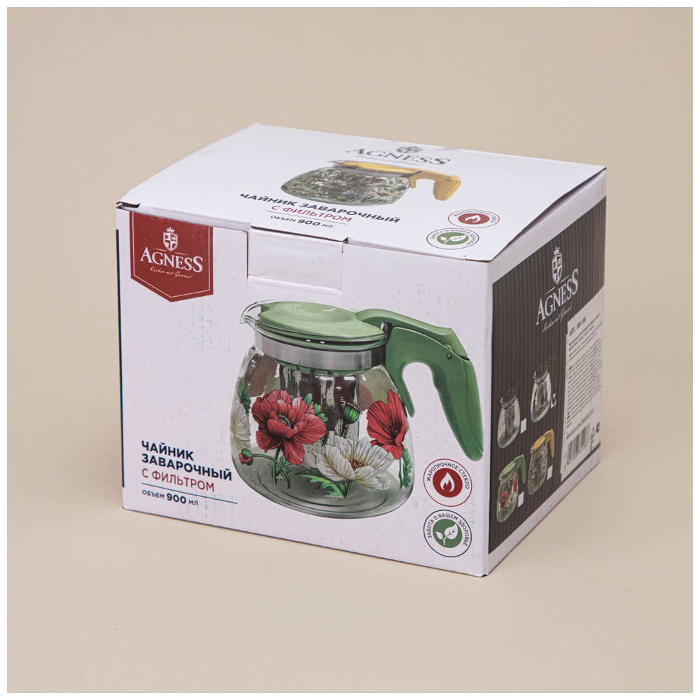 ЗАВАРОЧНЫЙ ЧАЙНИК AGNESS С ФИЛЬТРОМ, МАКИ, 900 МЛ.