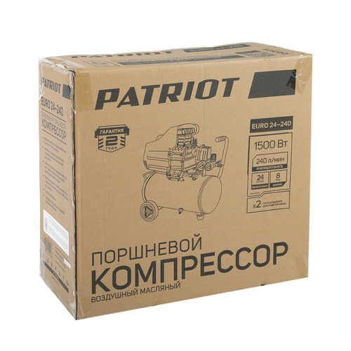 Компрессор Patriot поршневой масляный EURO 24-240, 240 л/мин, 8 бар, 1500 Вт, 24 л, быстросъемный 1/4" + "елочка"