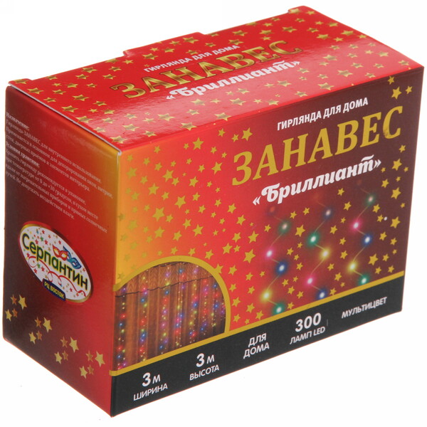 Гирлянда для дома ЗАНАВЕС "Бриллиант" ш3* в3 м 300 ламп LED, 8 реж, с подвесами и пультом д/у, IP-40, Мультицвет