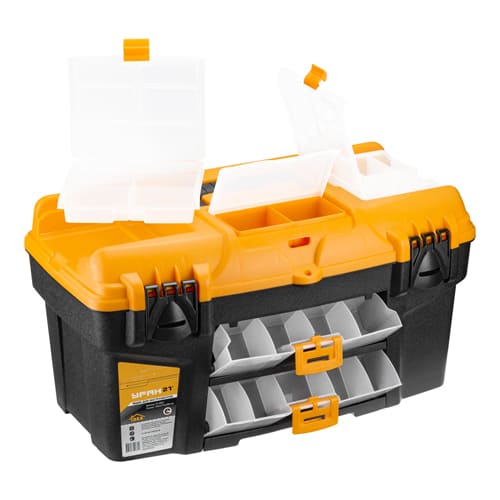 Ящик для инструментов IDEA УРАН 21, М 2927, с двумя консолями и коробками, желтый с черным