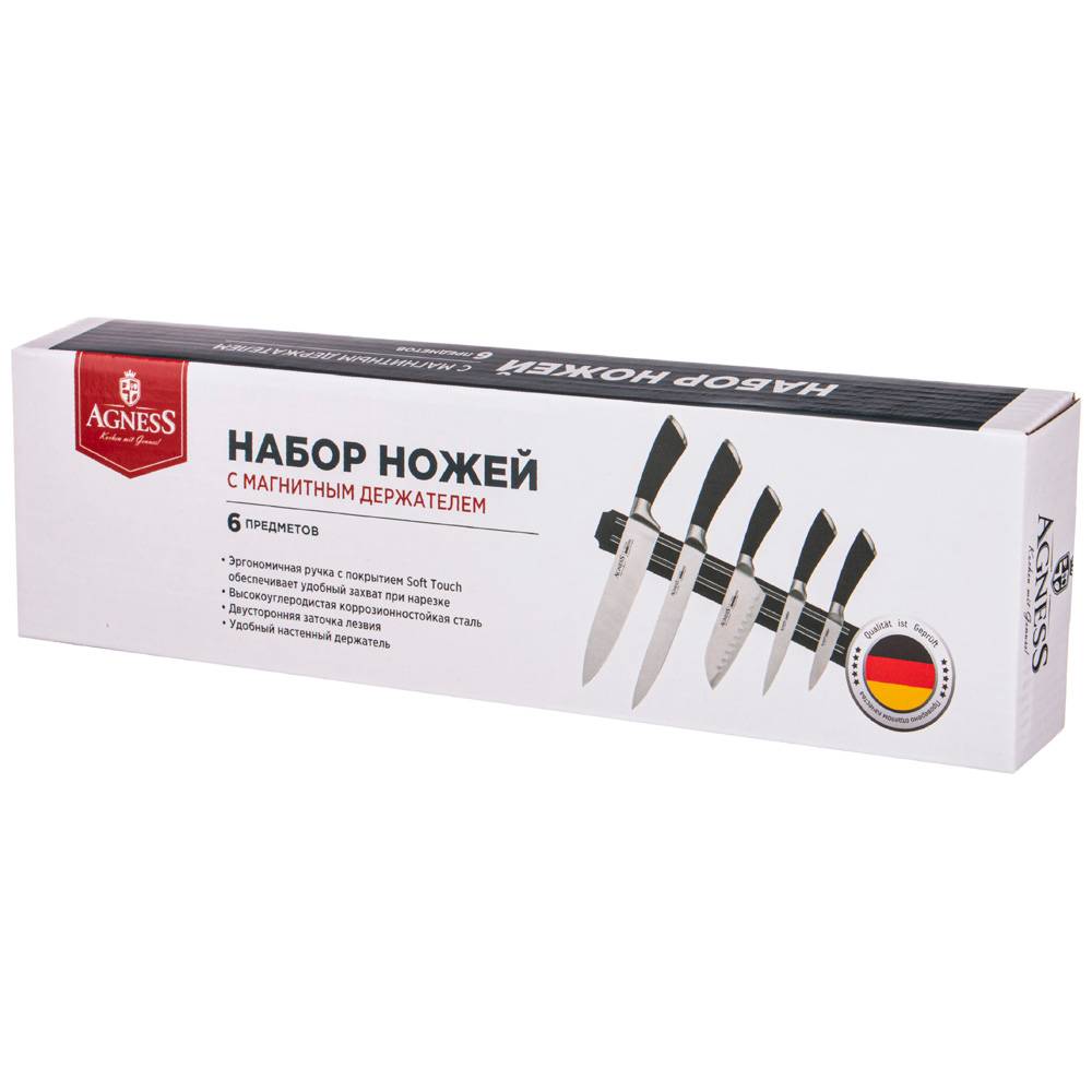 НАБОР НОЖЕЙ AGNESS, МОНБЛАН, 6 ПР.С МАГНИТНЫМ ДЕРЖАТЕЛЕМ И РУЧКОЙ ИЗ НЕРЖ.СТАЛИ