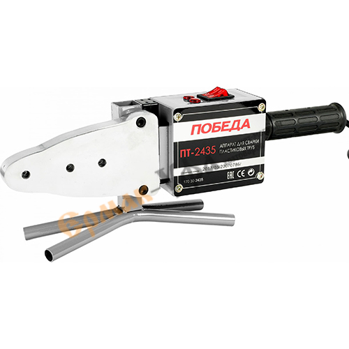 ППРС Сварочное оборудование для пластиковых труб ПОБЕДА ПТ-2435, 2435Вт, 2 мощных нагревательных элемента, 6 насадок, металлический кейс, 1/3