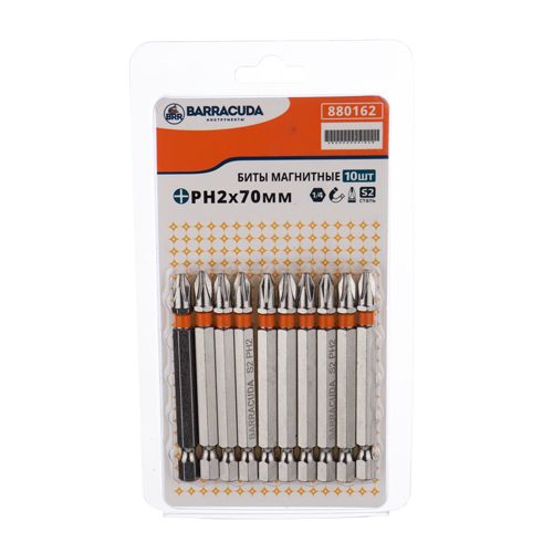 Биты PH2 70мм Барракуда сталь S2 магнитный наконечник, цена за 10шт, черные, 1/20/100