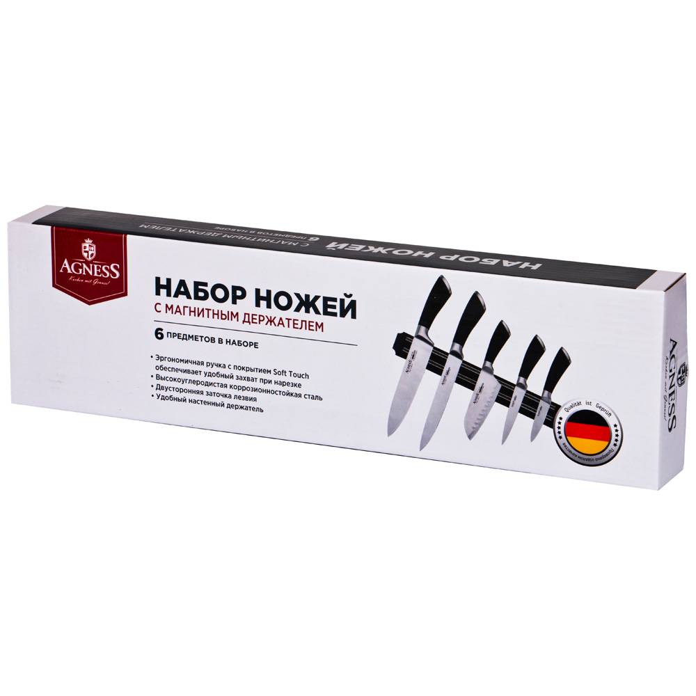 НАБОР НОЖЕЙ AGNESS 6 ПР.С МАГНИТНЫМ ДЕРЖАТЕЛЕМ И РУЧКОЙ ИЗ НЕРЖ.СТАЛИ, КОР=6НАБОР.