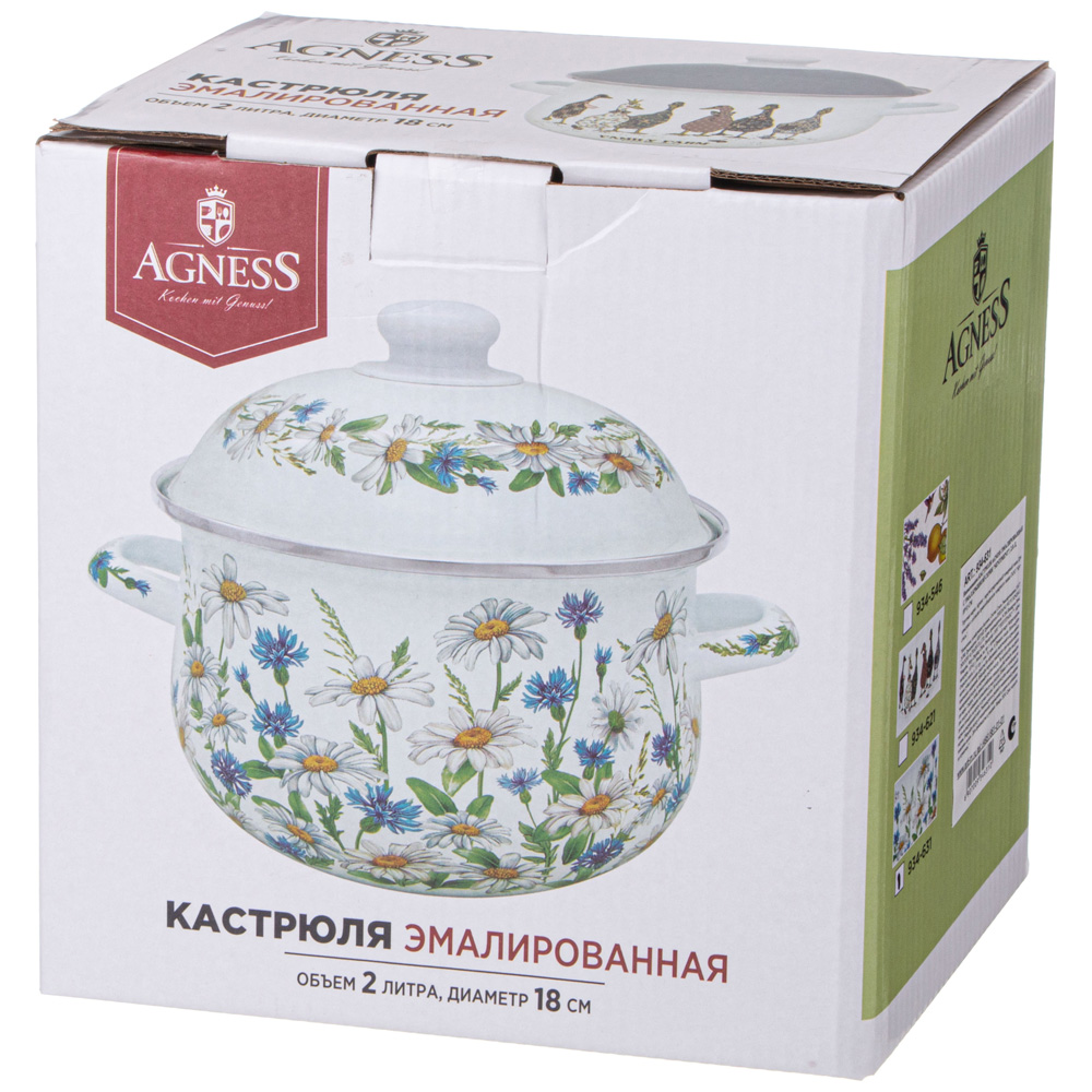 КАСТРЮЛЯ AGNESS ЭМАЛИРОВАННАЯ С ЭМАЛ.КРЫШКОЙ СЕРИЯ, FAMILY FARM,  2.0 Л, 18*11 СМ