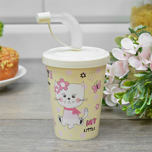 Стакан детский с крышкой, трубочкой и колпачком, 280 мл, с декором Кошечка, светло-бежевый