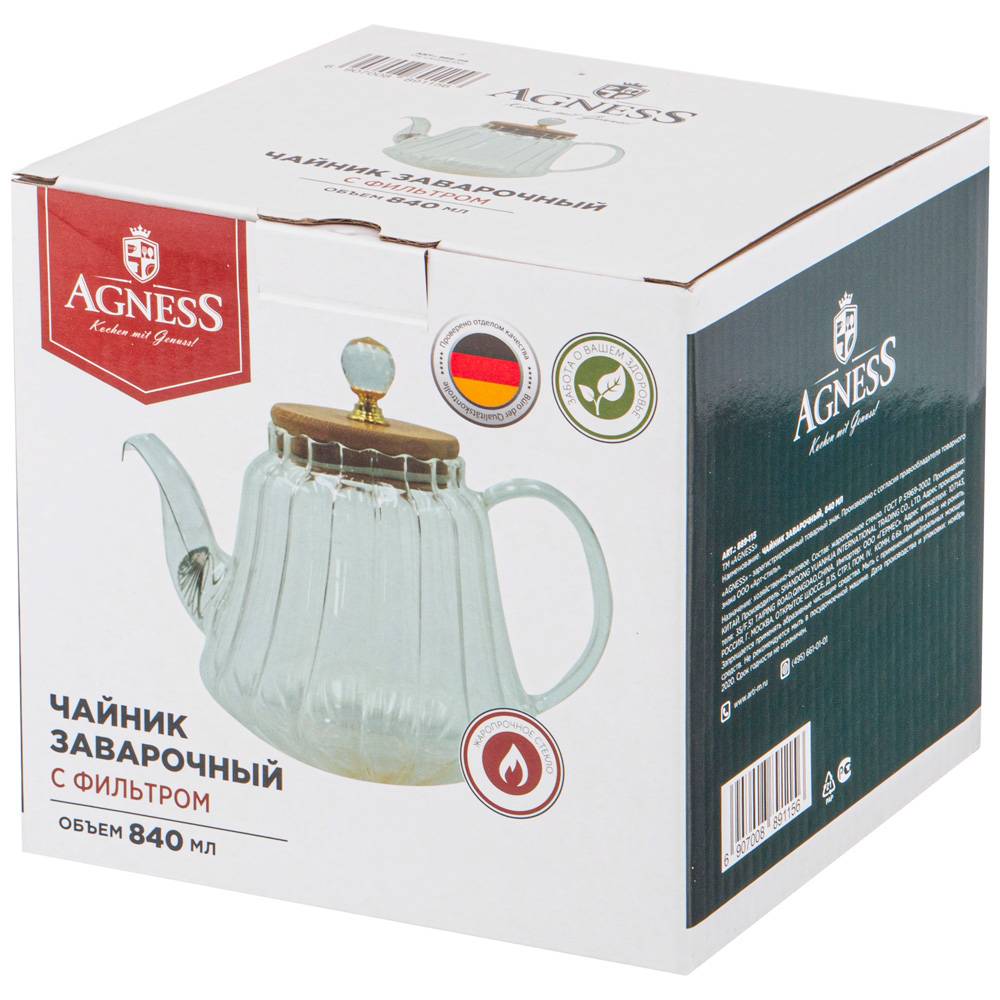 ЧАЙНИК ЗАВАРОЧНЫЙ AGNESS, KRISTALL, 840 МЛ. ЦВЕТ:ПРОЗРАЧНЫЙ