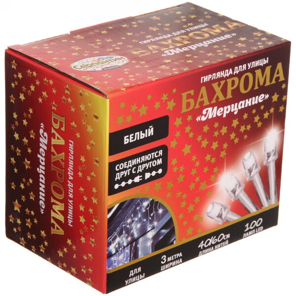 Гирлянда для улицы БАХРОМА "Мерцание" ш3м* в40/60см 100 ламп LED, прозр.провод,1 режим, IP-54, Белый (возможность соединения)