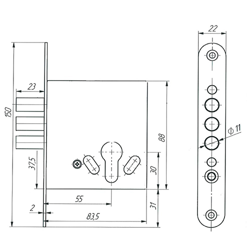 Замок врезной ЗЕНИТ ЗВ1. 009-01 без м/ц, цинк, 1/10