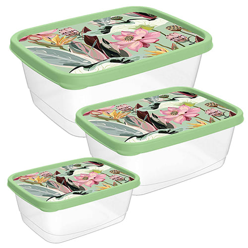Контейнер для продуктов, 0,5л+0,85л+1,5л, прямоугольный 3шт с декором, зеленый, 1/24