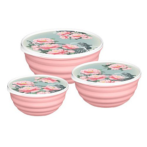 Комплект мисок с крышками Homver Latina 223152508/04, 3 шт 1.1 л, 2.1 л, 3.2 л с декором Сад пионов, розовый
