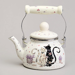 ЧАЙНИК AGNESS ЭМАЛИРОВАННЫЙ СО СЪЕМНЫМ ФИЛЬТРОМ ИЗ НЖС СЕРИЯ, LAVANDER CATS,  0, 85 Л
