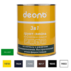Грунт-эмаль 3в1 зеленый RAL 6037, 0,8 кг, ДЕОЛЬ, по ржавчине быстросохнущий, 6/6
