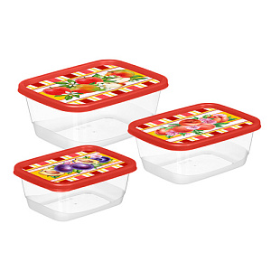 Комплект контейнеров для продуктов Homver 223136006/04, прямоугольные 3 шт, 0.5 л, 0.85 л, 1.5 л, с декором Сицилия красный